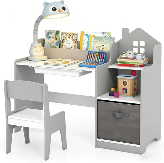 Bureau et table informatique — pour enfant, revêtement en tissu, en bois, avec rangement, 3-12 Ans, gris, avec tiroirs