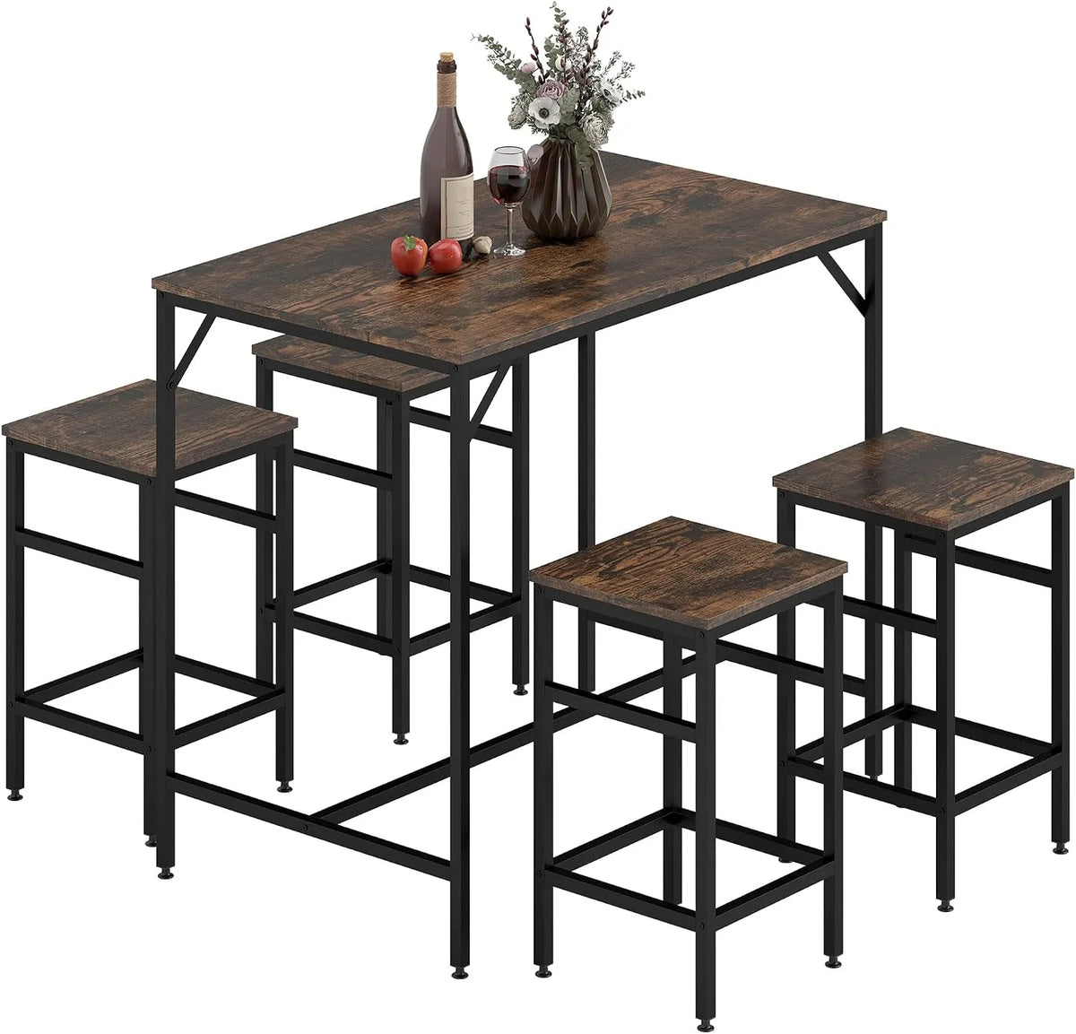 HOMCOM Ensemble Table de Bar Industriel + 4 tabourets Repose-Pieds en — en métal, en bois, noir