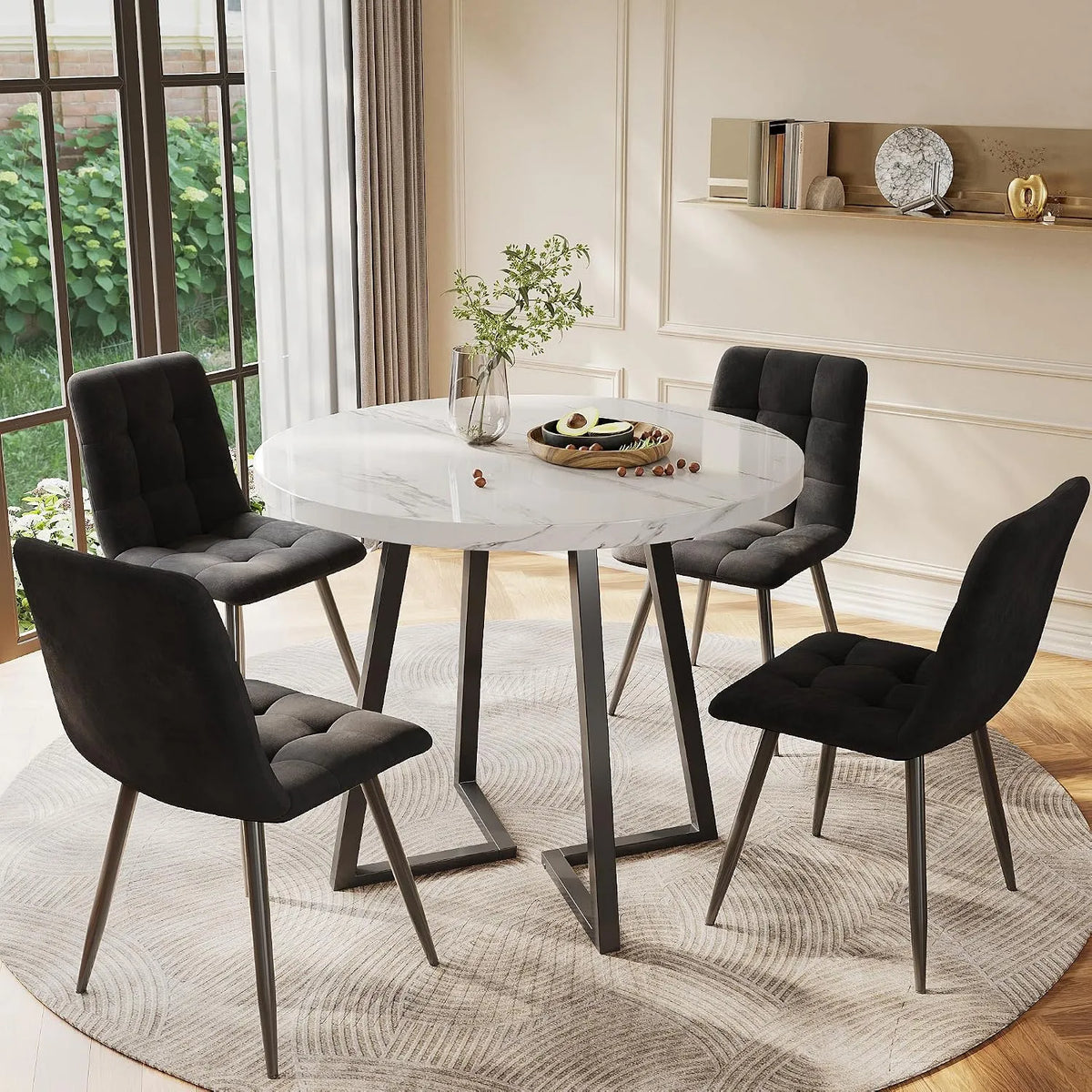 Table à manger et table de salle à manger – en métal, 5 pièces, 80 cm, revêtement en velours