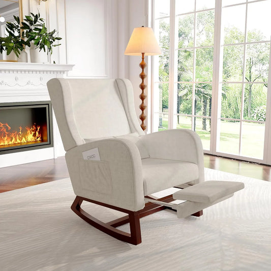 Fauteuil et chaise rembourrée à bascule – revêtement en tissu, avec accoudoirs, avec dossier, beige