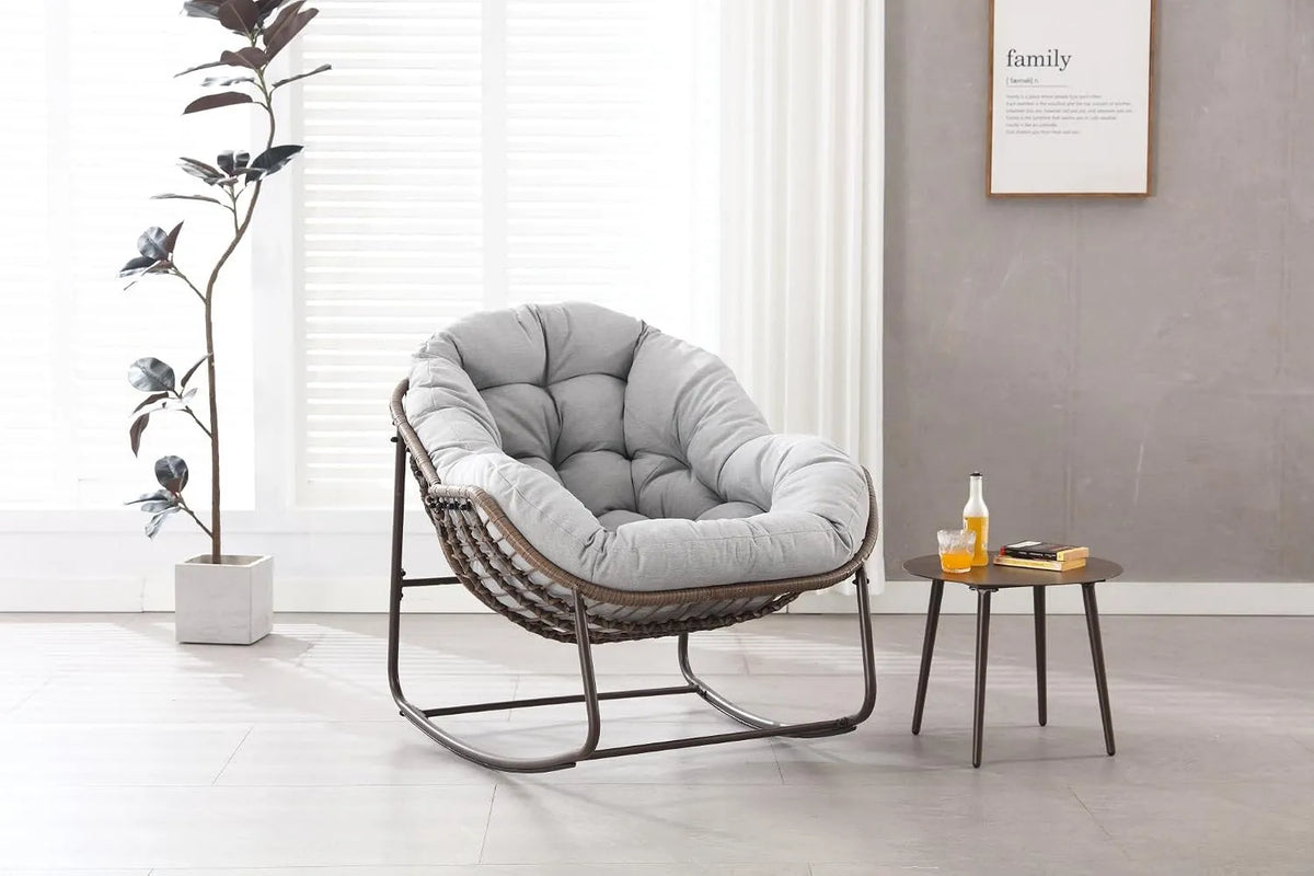 Fauteuil à bascule – en acier, avec coussins, 6 Pouces, 136 kg, gris, en résine tressée