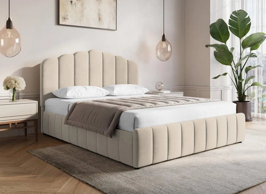 DecoInParis Lit Coffre en Velours Beige 160x200 cm Elvira – 160 × 200 cm