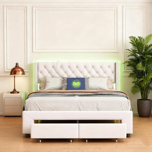 Lit rembourré et cadre de lit tapissé — avec rangement, avec tiroirs, avec port USB, affichage LED, 2 tiroirs, 140 × 190, beige