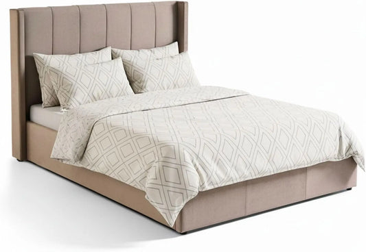 Menzzo Lit Double Magorial avec sommier relevable 140x190cm Velours Taupe: 140 × 190cm, beige