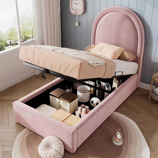 Lit capitonné de Rangement hydraulique — pour enfant, revêtement en tissu, avec rangement, 90 × 190cm, rose, revêtement en velours
