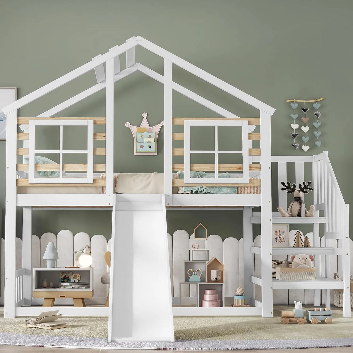 Lit superposé et lit mezzanine: pour enfant, en bois, avec escalier, avec toboggan, 90 × 200, blanc, en bois massif