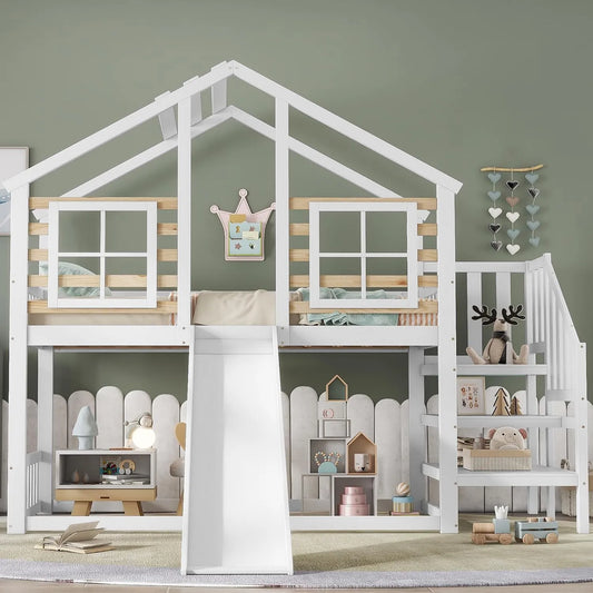 Lit superposé et lit mezzanine: pour enfant, en bois, avec escalier, avec toboggan, 90 × 200, blanc, en bois massif