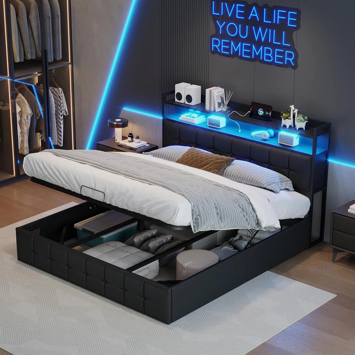 Lit Coffre 140x200 avec Sommier: avec rangement, avec port USB, affichage LED, 140 × 200, noir, revêtement en tissu