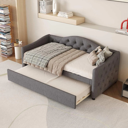 Lit rembourré et cadre de lit tapissé: 90 × 200cm, gris, extensible, revêtement en tissu