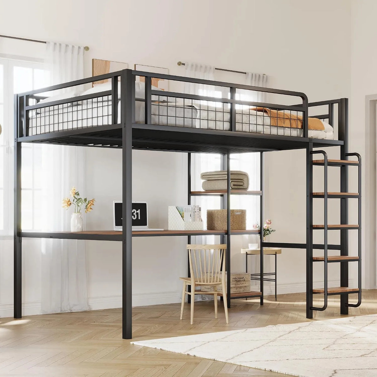 Bureau – en métal, avec Bibliothèque et étagère de rangements, avec bureau, 140 × 200 cm, noir, avec étagères, revêtement en tissu