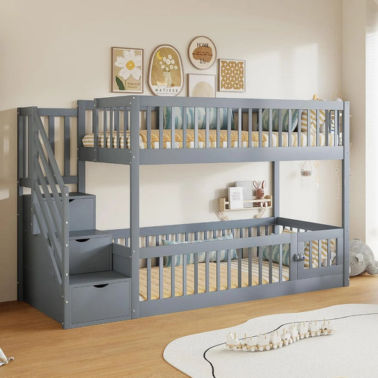 Lit superposé et lit mezzanine – pour enfant, en bois, avec rangement, avec escalier, 90 × 200 cm