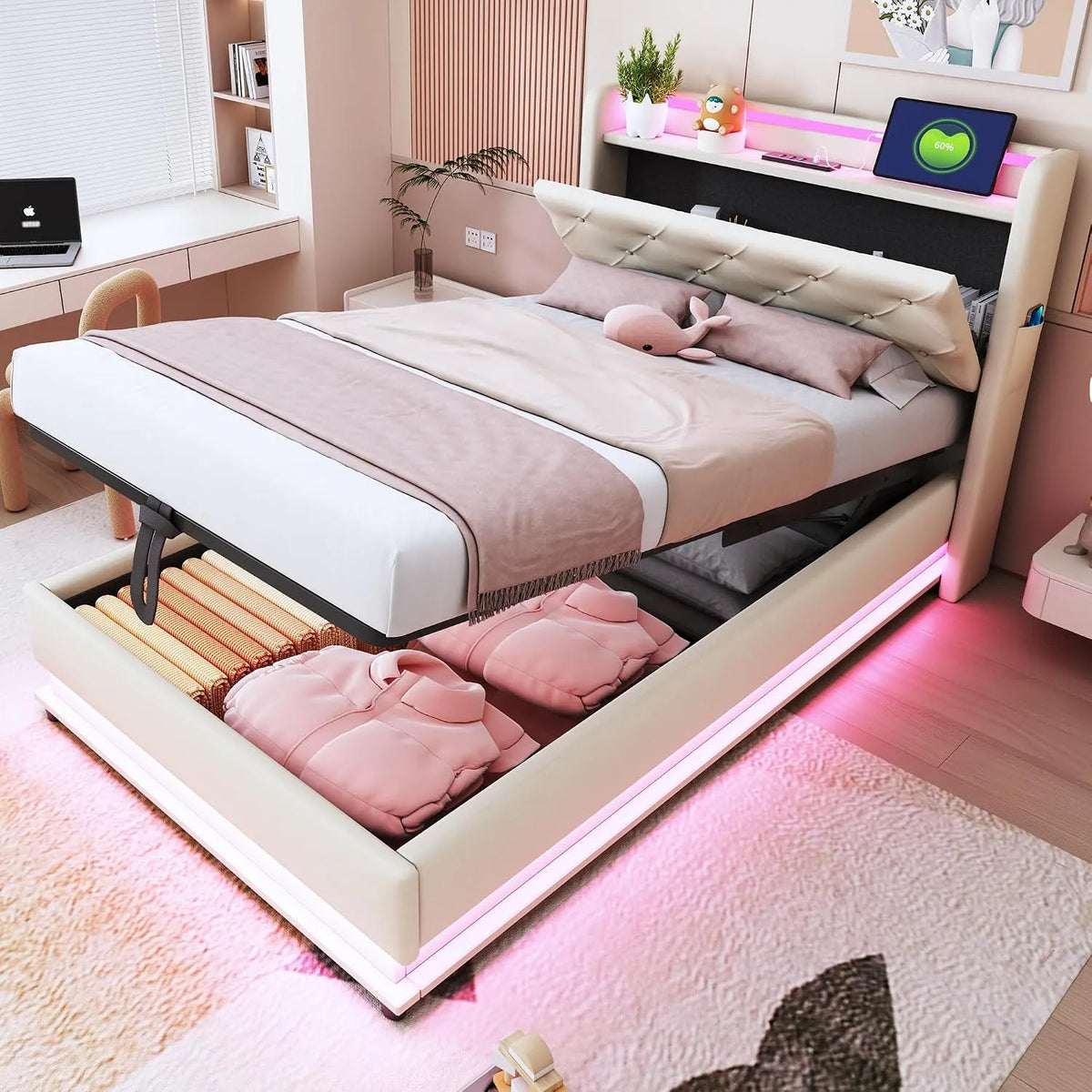 Lit 90x200 avec Sommier LED et USB — pour enfant, avec rangement, avec port USB, réglable, 90 × 200, revêtement en tissu