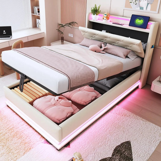 Lit 90x200 avec Sommier LED et USB — pour enfant, avec rangement, avec port USB, réglable, 90 × 200, revêtement en tissu