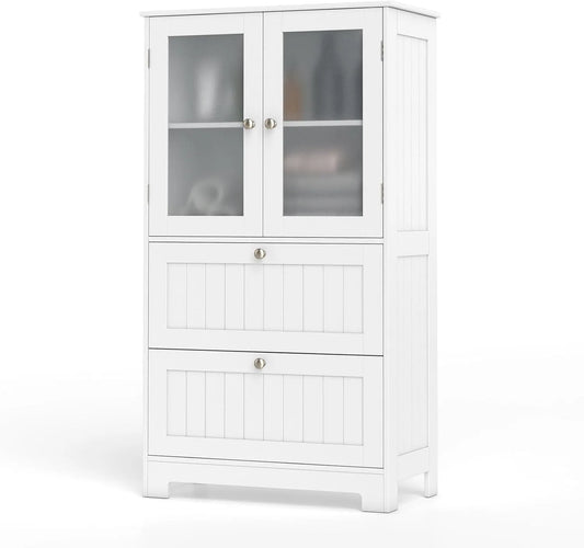 Armoire de rangement — en verre, avec rangement, avec tiroirs, réglable, 2 Portes, 60 × 30 × 108 cm, blanc