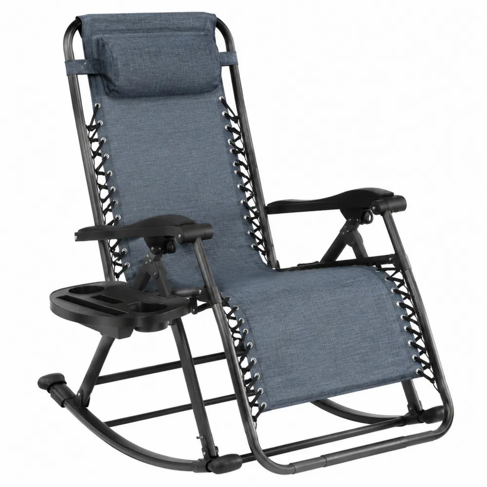 Chaise longue de jardin à bascule inclinable acier peint noir textilène bleu grisé 170 x 68 x 112 cm