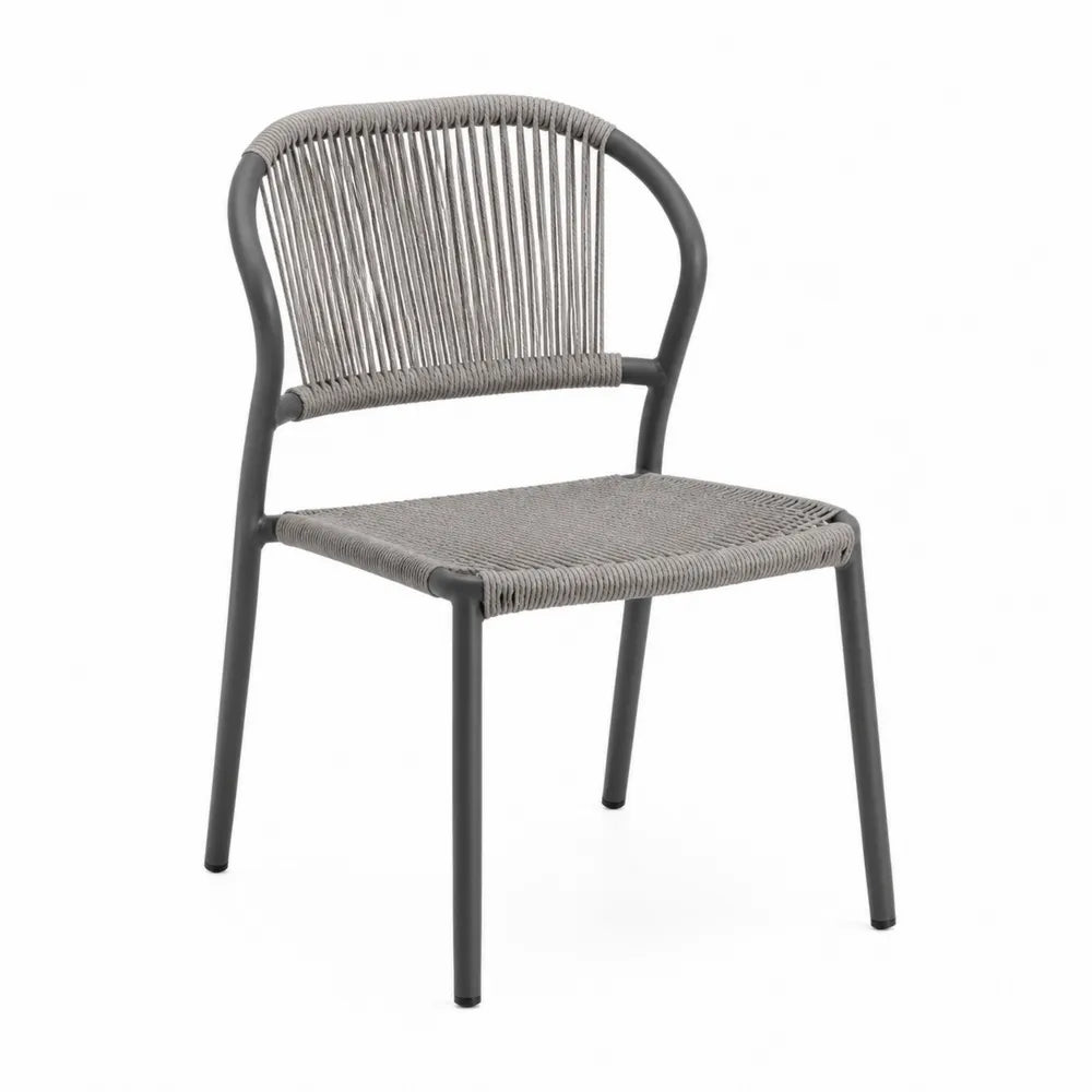 Chaise de jardin dossier arrondi aluminium thermolaqué gris anthracite corde PP tressée gris clair 55 x 58 x 82 cm