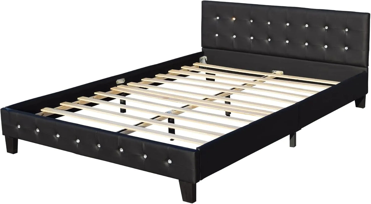 Lit King of Dreams 140x200 cm avec Tête Capitonnée Noire et Pieds 10 cm - 13 Lattes - Revêtement Simili PVC