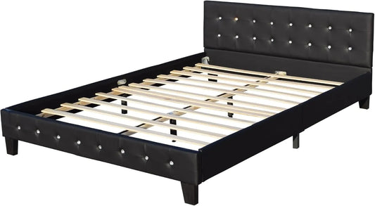 Lit King of Dreams 140x200 cm avec Tête Capitonnée Noire et Pieds 10 cm - 13 Lattes - Revêtement Simili PVC