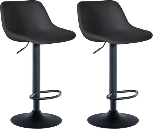 Lot de 2 Tabourets de Bar Pivotants en Velours Noir - Réglables en Hauteur avec Dossier