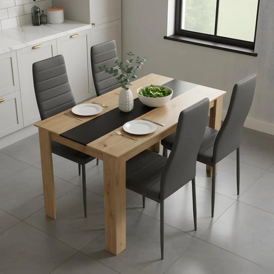 Table à Manger Rectangulaire 110 cm avec 4 Chaises en Similicuir Gris, Ensemble pour Cuisine et Salon, Style Chêne