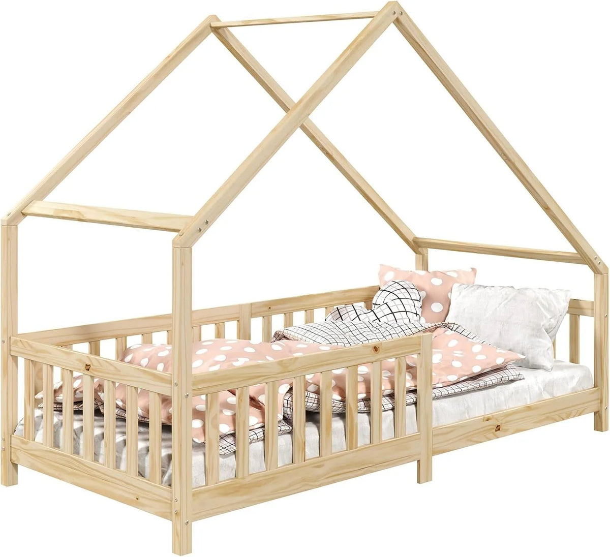 Lit Montessori Enfant en Pin Massif 90x190 cm Finition Naturelle