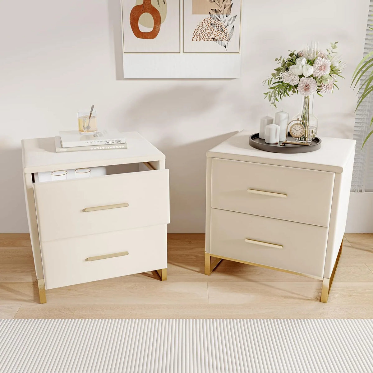 Ensemble de 2 Tables de Nuit Blanches avec Tiroirs, Cadre Doré en Métal, Pour Chambre et Salon, Style Moderne