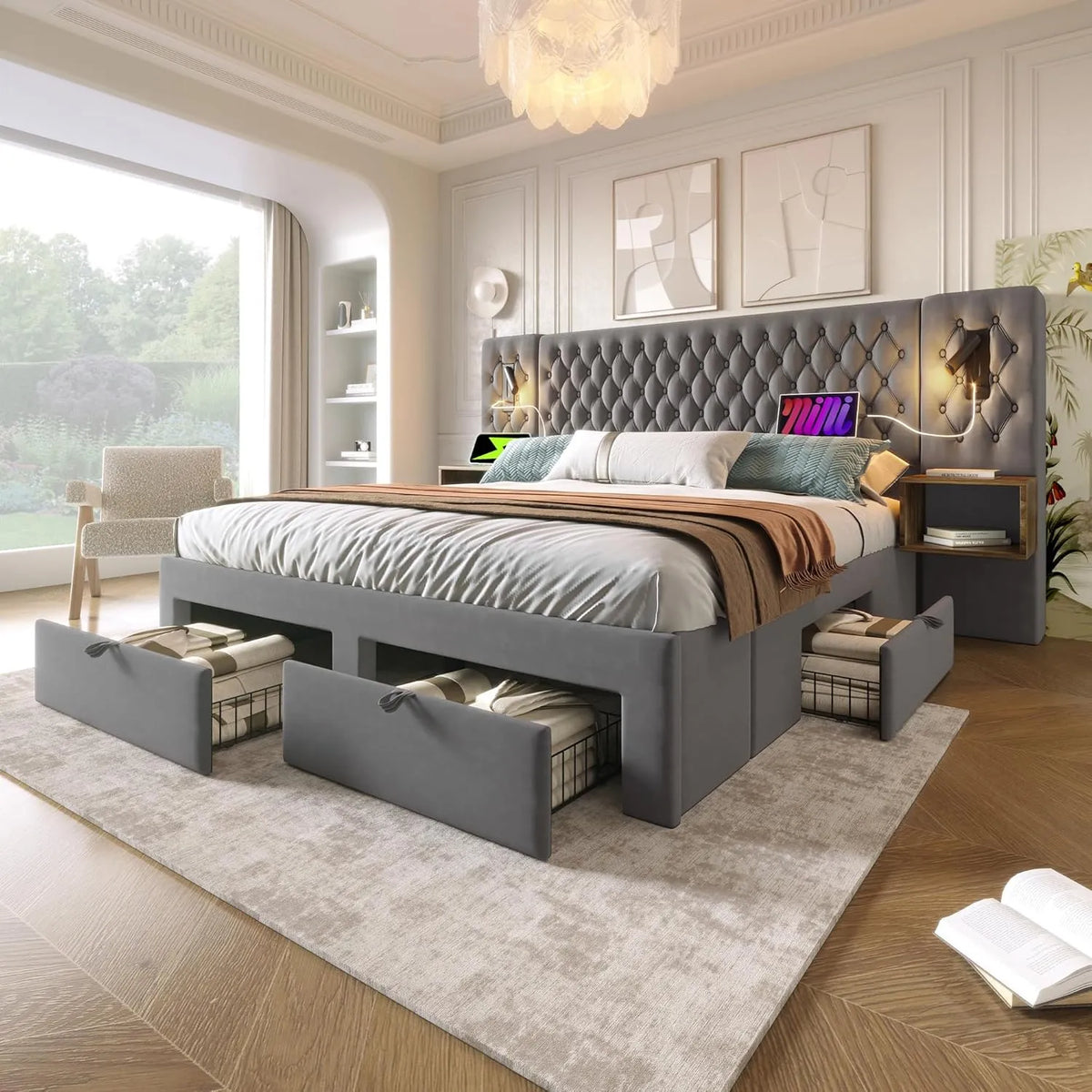 Grand lit double 180x200 cm avec tiroirs, table de chevet et éclairage USB