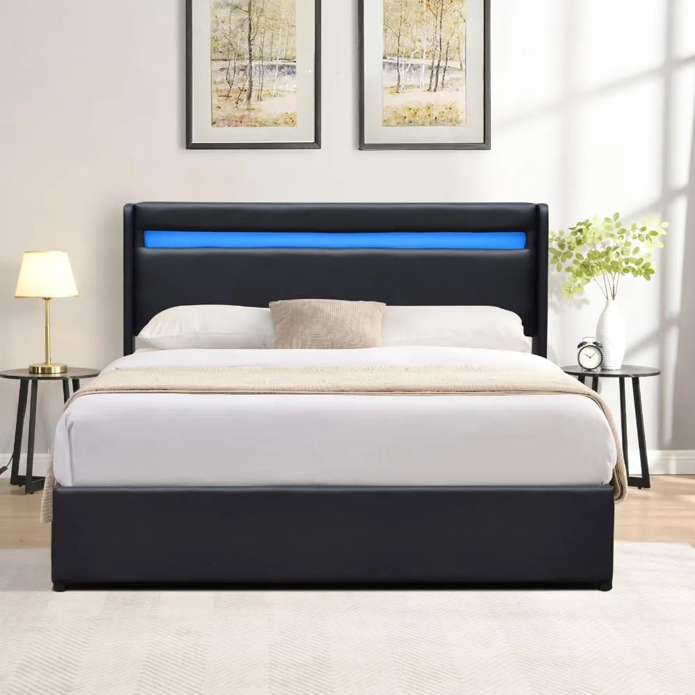 Lit Coffre 160x200 cm avec LED et Revêtement Simili Cuir - Facile à Monter