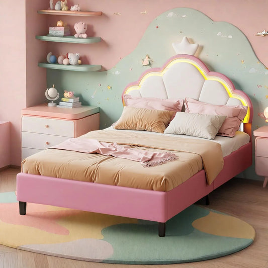Lit Enfant 90x200cm Couronne LED avec Sommier réglable