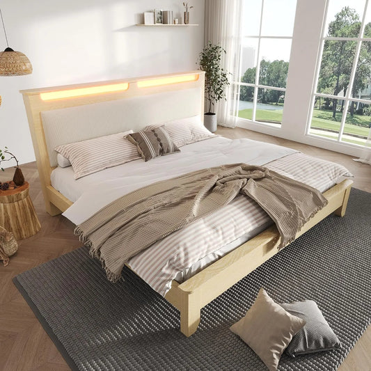 Lit double avec rangements et éclairage LED, tête rembourrée en velours côtelé beige, 160x200 cm