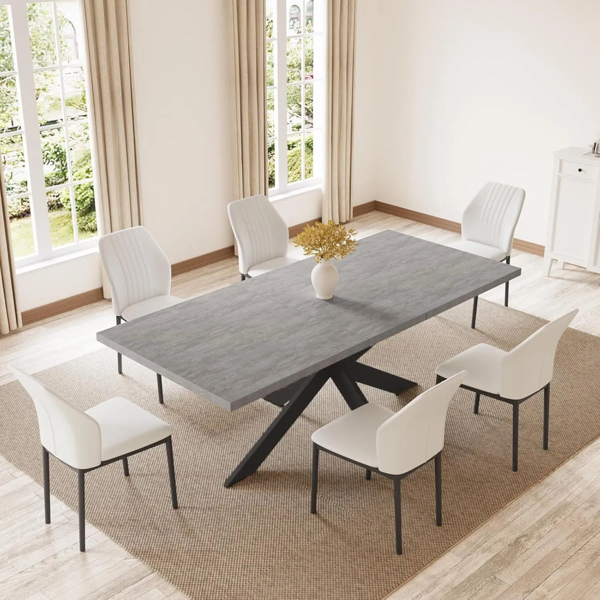 Table à manger extensible pour 6 à 8 personnes avec chaises beiges incluses
