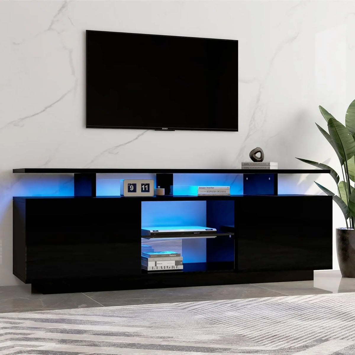Meuble TV LED avec Rangements Ouverts et Vitrés pour Écrans jusqu'à 60 Pouces