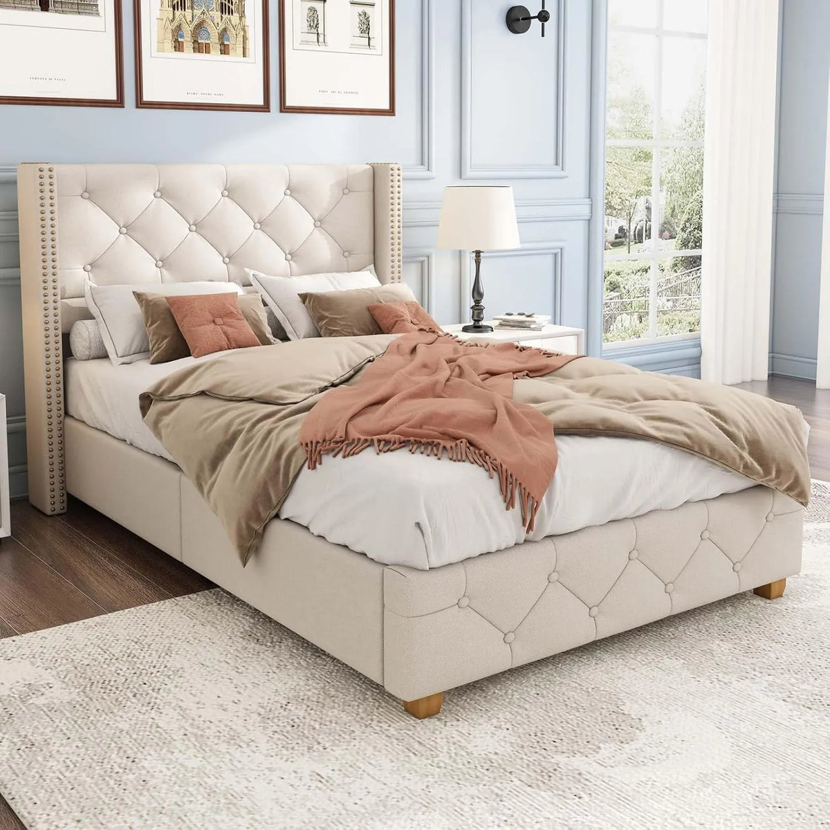 Lit simple 90x200 cm en tissu de lin beige avec tête capitonnée et pieds en bois
