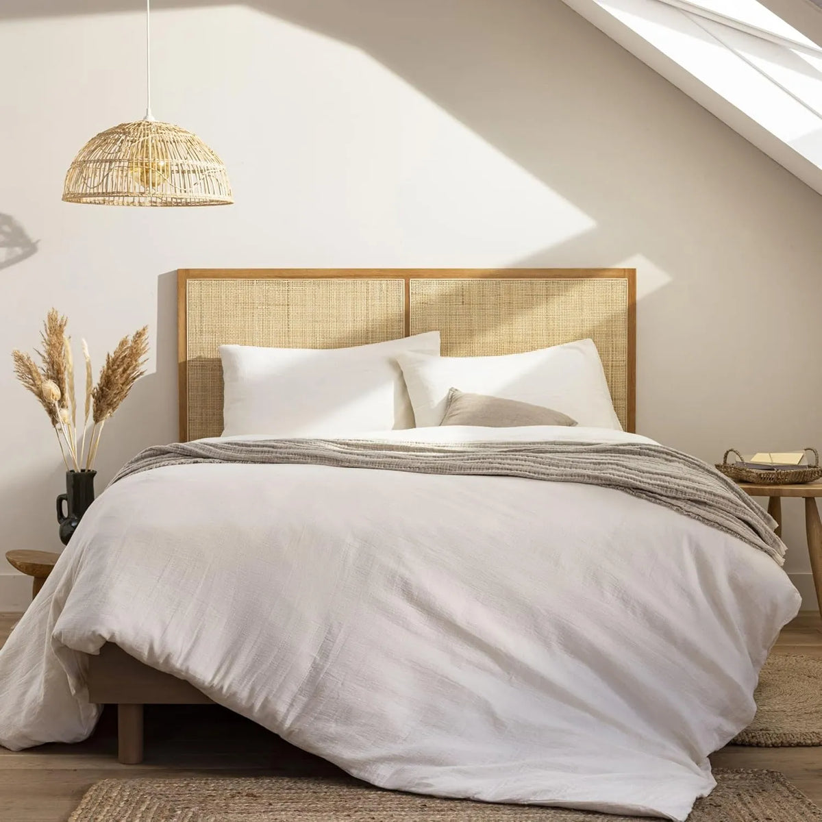 Tête de lit en chêne massif 140cm avec cannage naturel