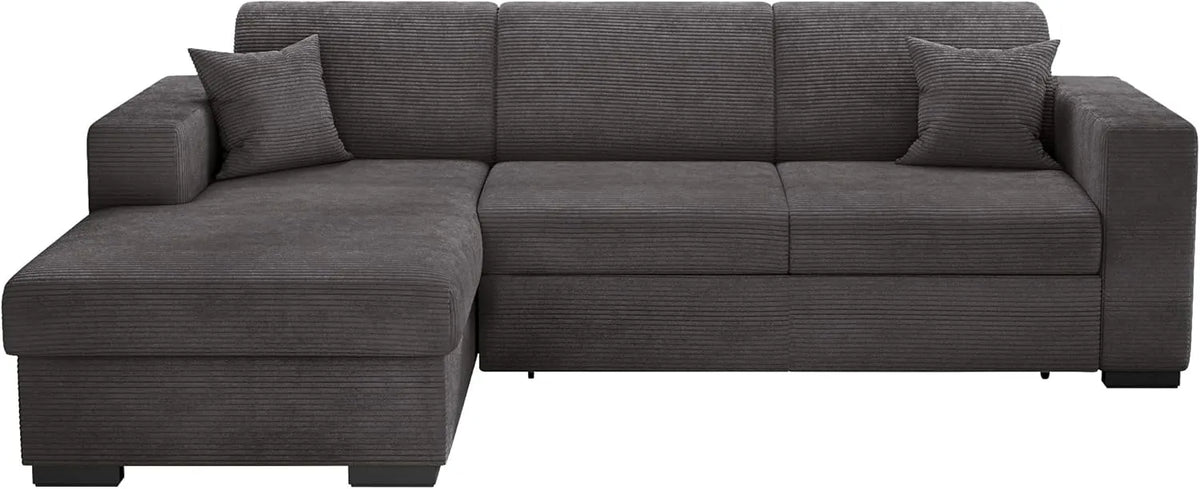 Canapé d'Angle Convertible 4 Places en Velours Côtelé avec Coffre - Gris Foncé - L262cm - Style Moderne