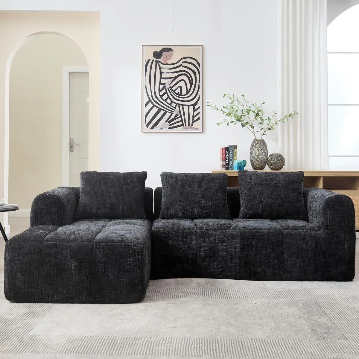 Canapé d'angle modulable 3 places avec chaise longue, poche latérale et coussins - Tissu chenille noir