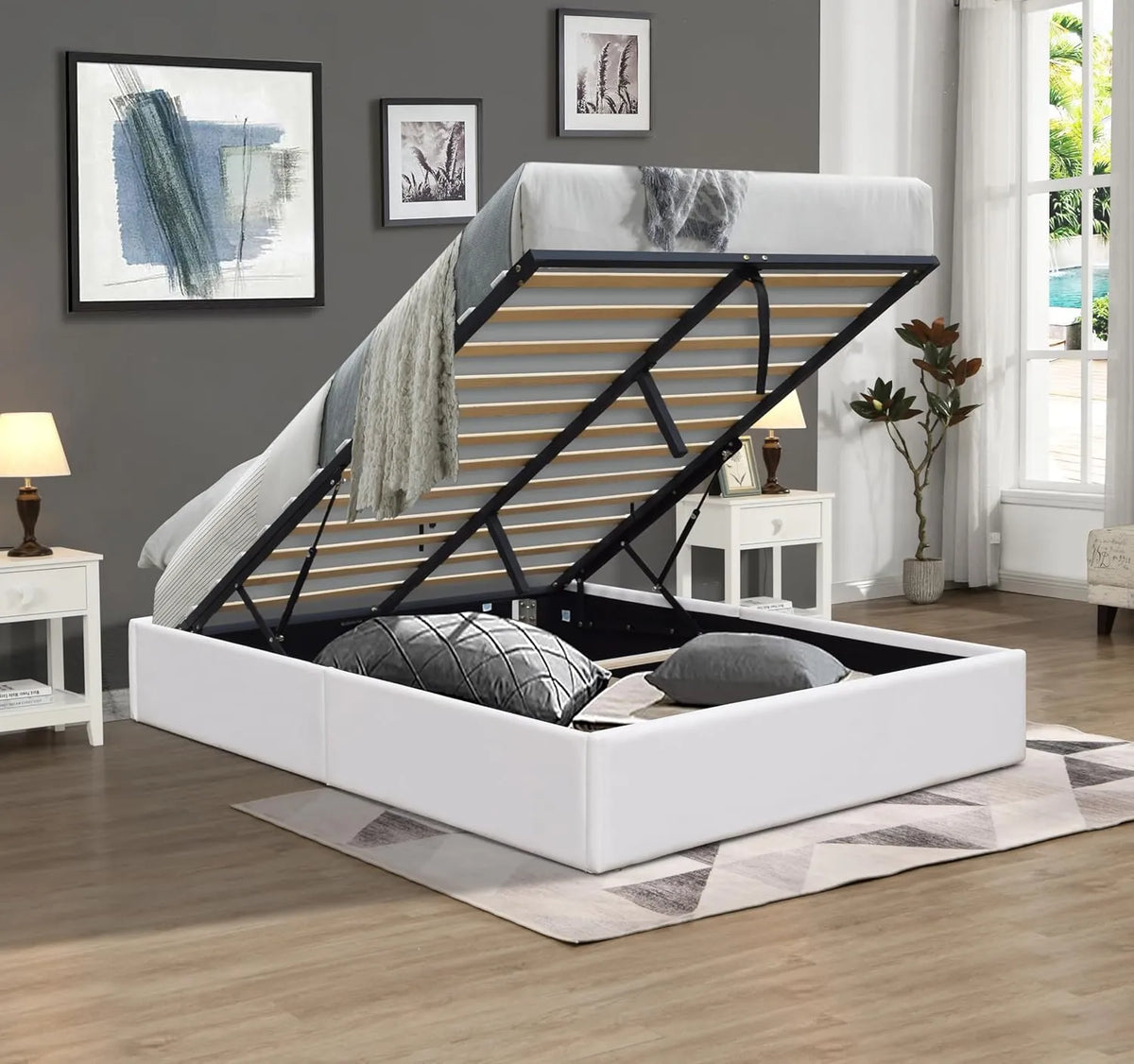 Cadre de Lit Blanc avec Coffre et Pieds en PVC pour Matelas 140x200 cm - Montage Facile - Lattes en Bois