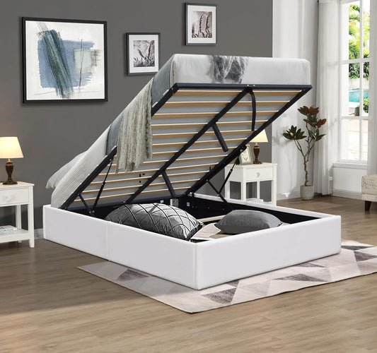 Cadre de Lit Blanc avec Coffre et Pieds en PVC pour Matelas 140x200 cm - Montage Facile - Lattes en Bois