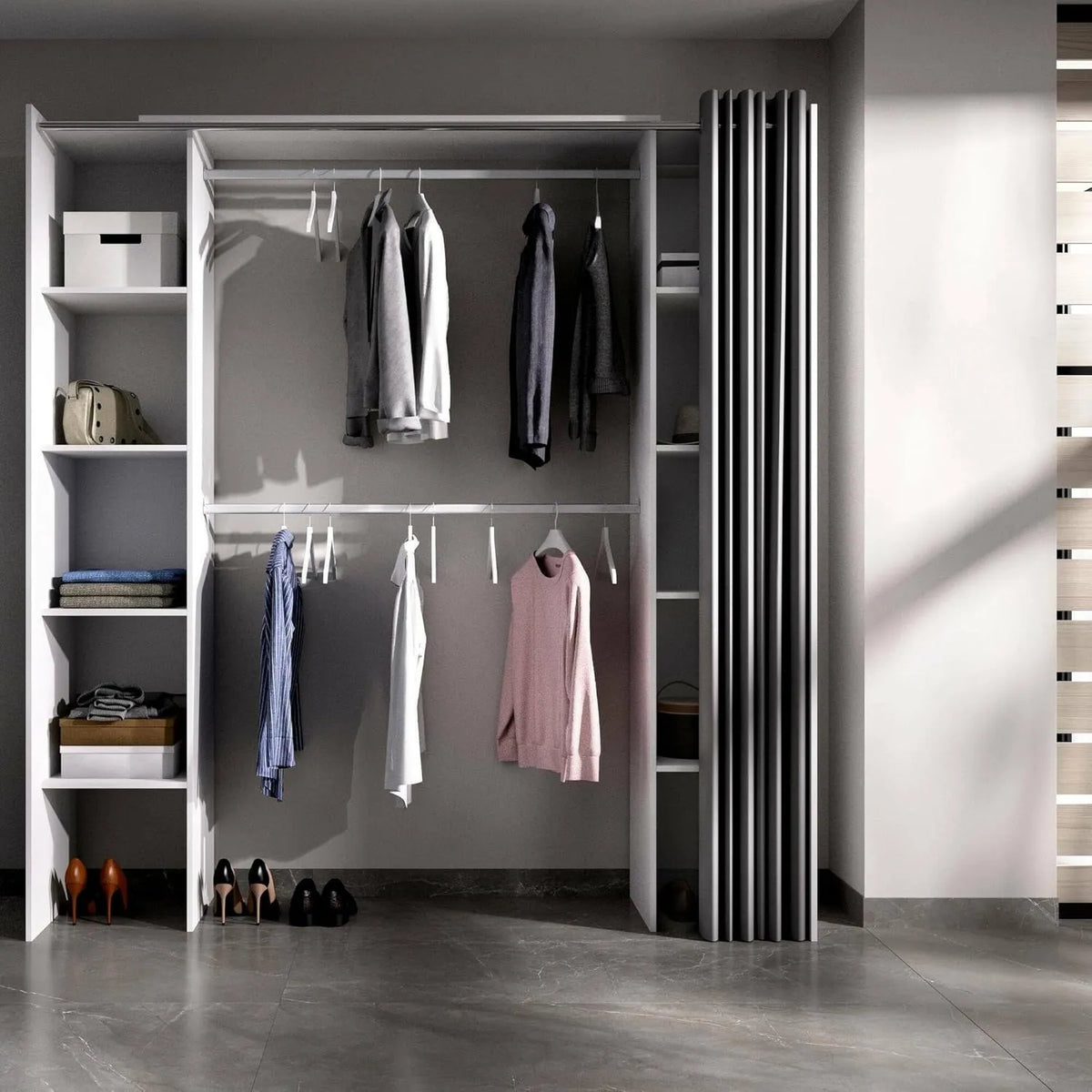 Armoire Spacieuse Manaslu, Système de Dressing Extensible 180x50x205 cm, Blanc et Gris