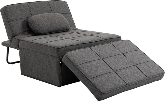 HOMCOM Fauteuil Convertible 4 en 1 avec Repose-pied et Dossier Inclinable, Tissu Lin Gris, Supporte 200 kg