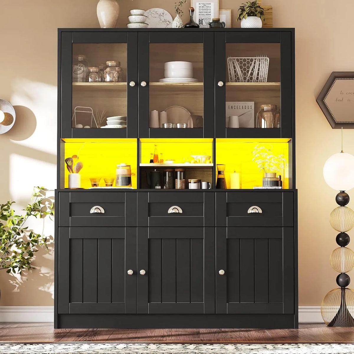Buffet de Cuisine Moderne Noir, Vitrine LED, 6 Portes et 3 Tiroirs, Rangement Pratique 140x40x175cm