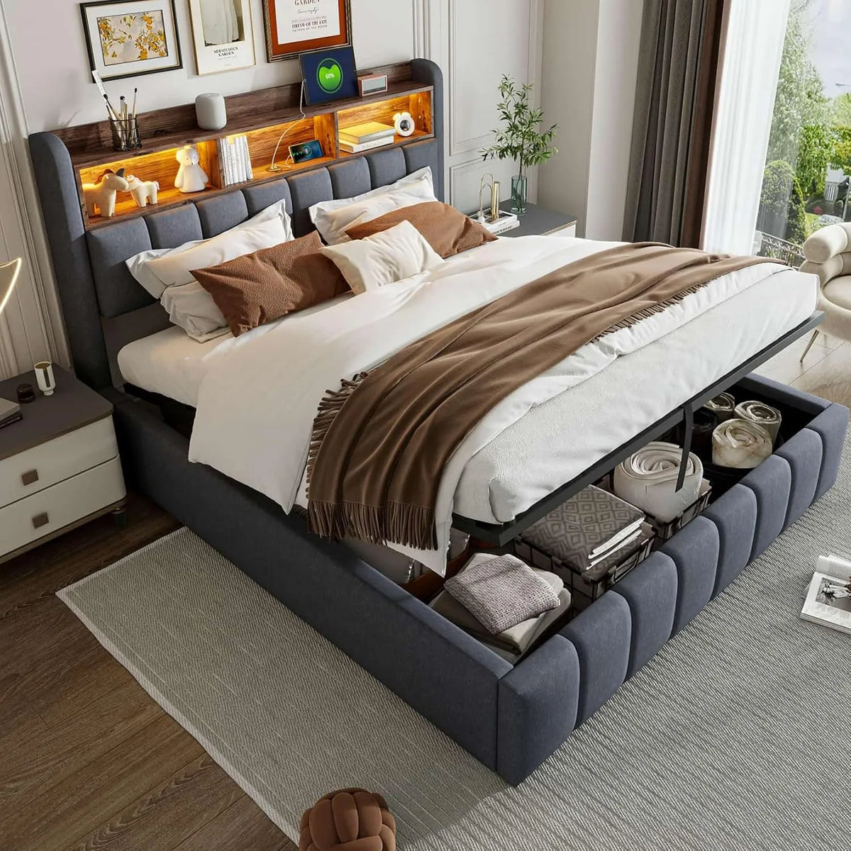 Lit Coffre 180x200 cm en Lin Gris avec Ports USB et Lumière LED, Sommier à Lattes et Rangement Hydraulique, Tête de Lit Capitonnée avec Compartiment de Rangement