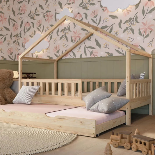 Lit Cabane en Bois Naturel pour Enfants 190x90 cm avec Barrière Amovible et Tiroir