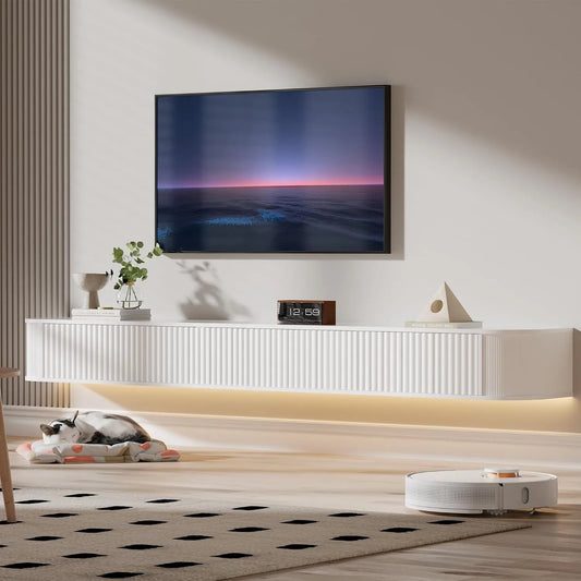 Meuble TV Mural Flottant avec Éclairage LED RGB, Design Moderne, Longueur 200 cm, Profondeur 31 cm, Compatible 75-85 Pouces