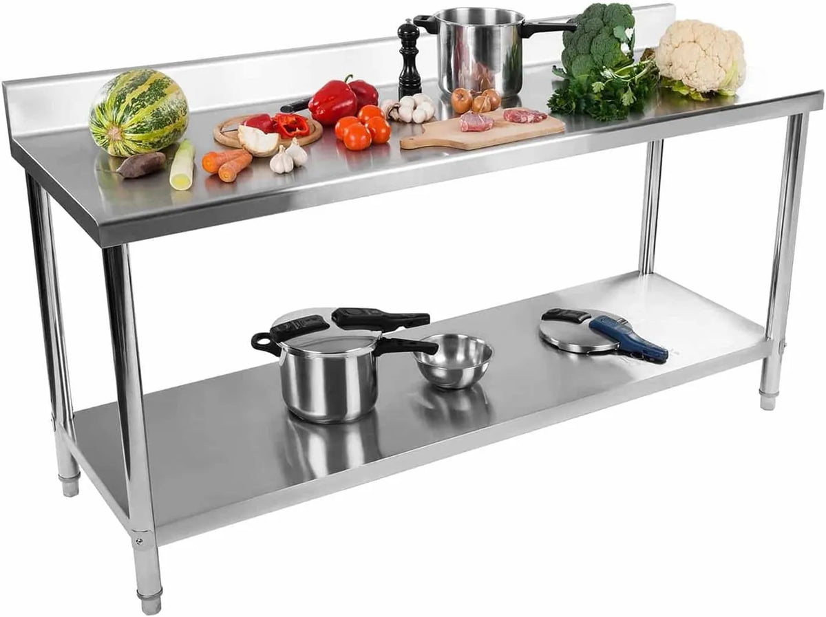Table de Travail Professionnelle en Acier Inoxydable avec Étagère, Dosseret et Grande Capacité - 180x60 cm