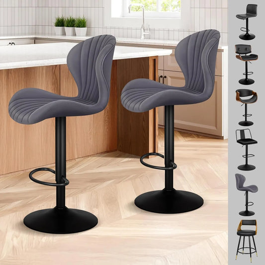 Tabourets de Bar Réglables en Hauteur Pivotants - Lot de 2, Similicuir Gris, pour Cuisine et Salle à Manger