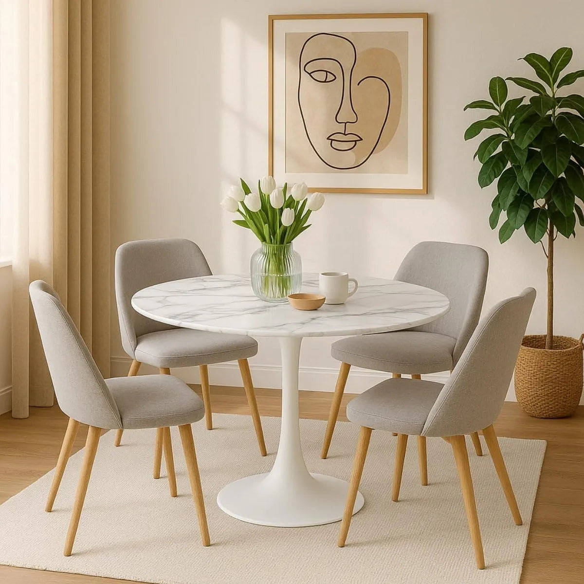 Table de Salle à Manger Ronde 100 cm en Verre Trempé effet Marbre Blanc avec Pied Métal
