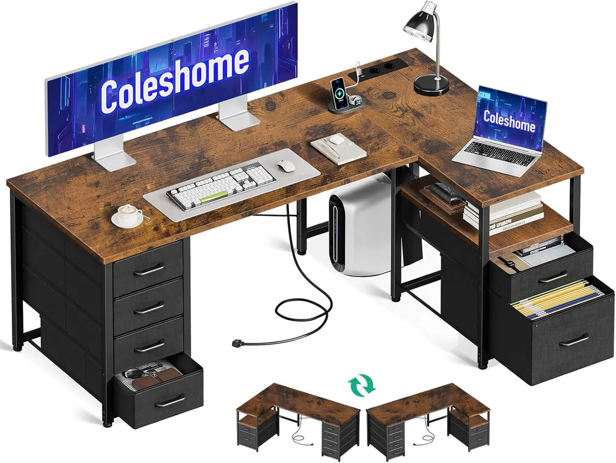 Bureau d'Angle Réversible avec Tiroirs et Ports USB - 140x80cm - Marron