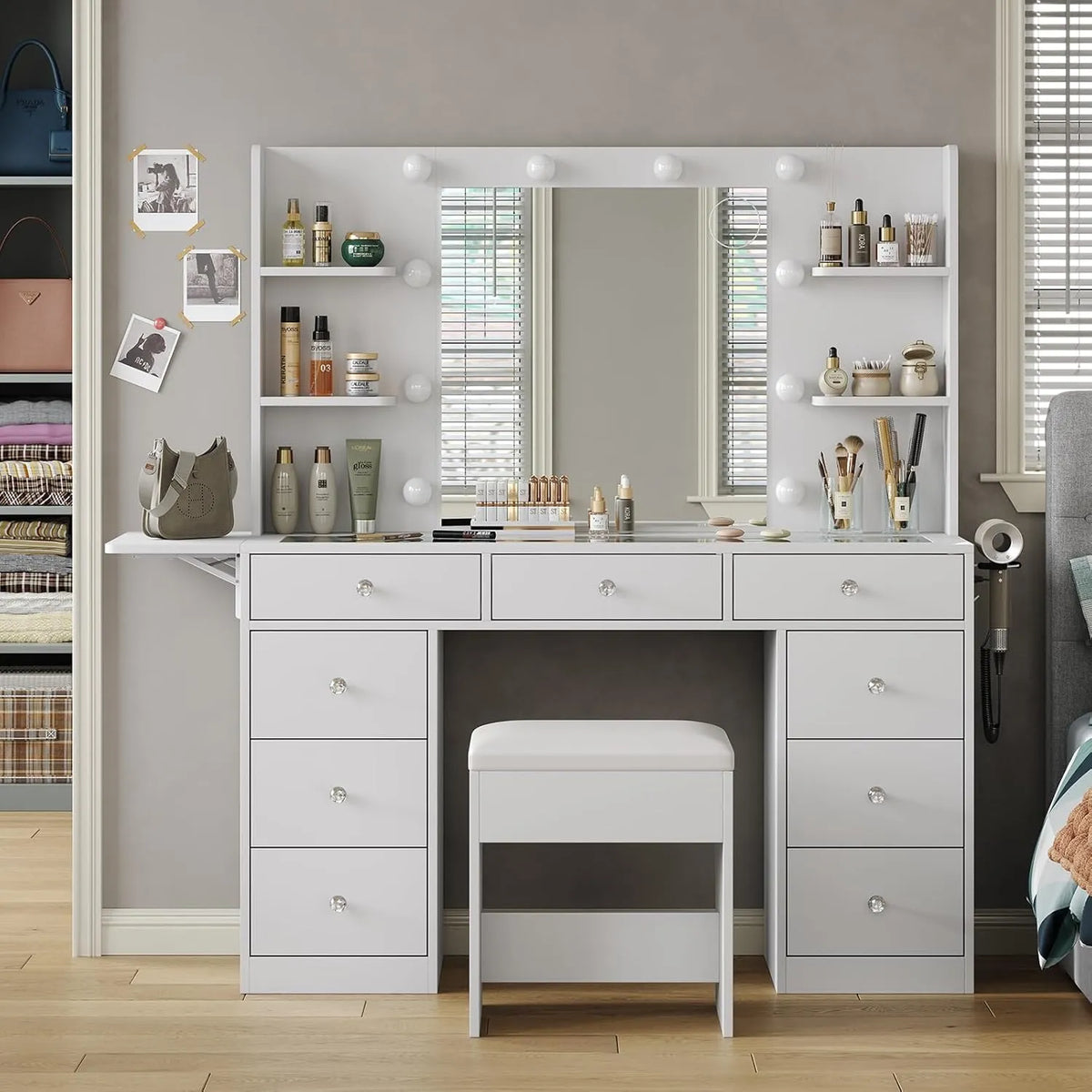 Coiffeuse Moderne avec Miroir LED, 3 Modes d'Éclairage, Rangement Pratique, Blanc