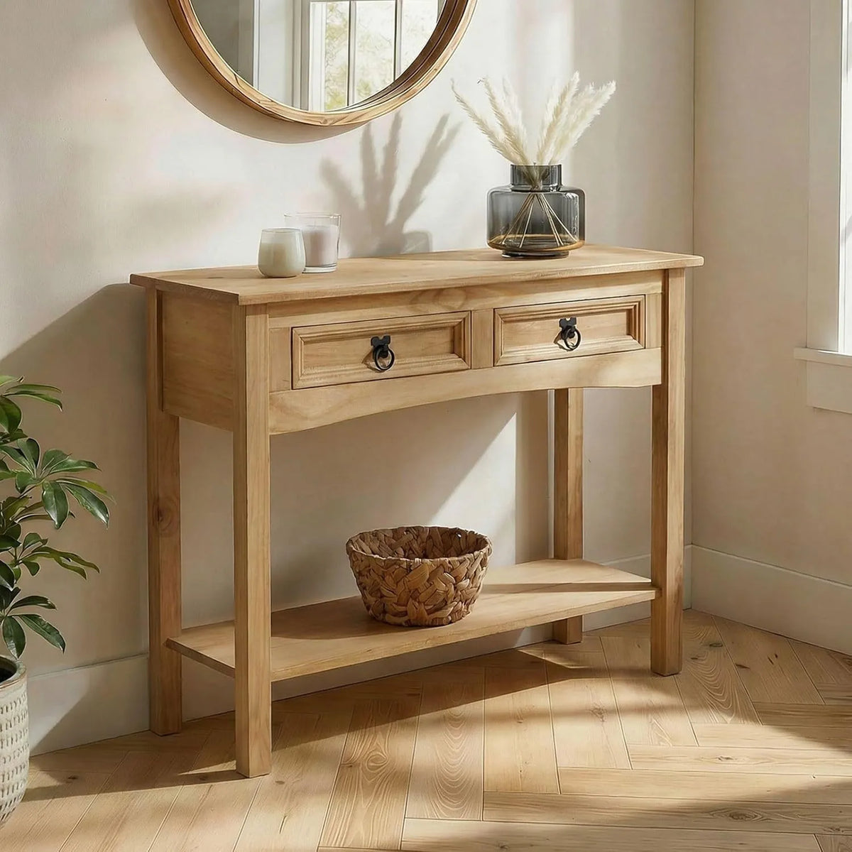 Table Console Mexicaine en Bois de Pin Massif avec Tiroirs et Étagère